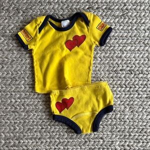 Vintage Yellow Kids Tee & Briefs Set with Red Heart Graphics
